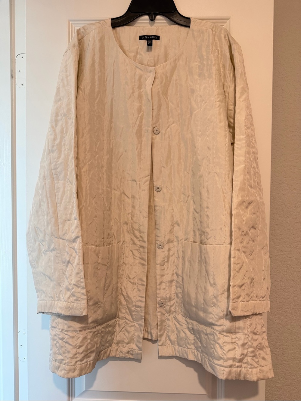 Eileen Fisher 100% Silk Quilted Long Jacket XL Ivory Cream Lightweight Coat